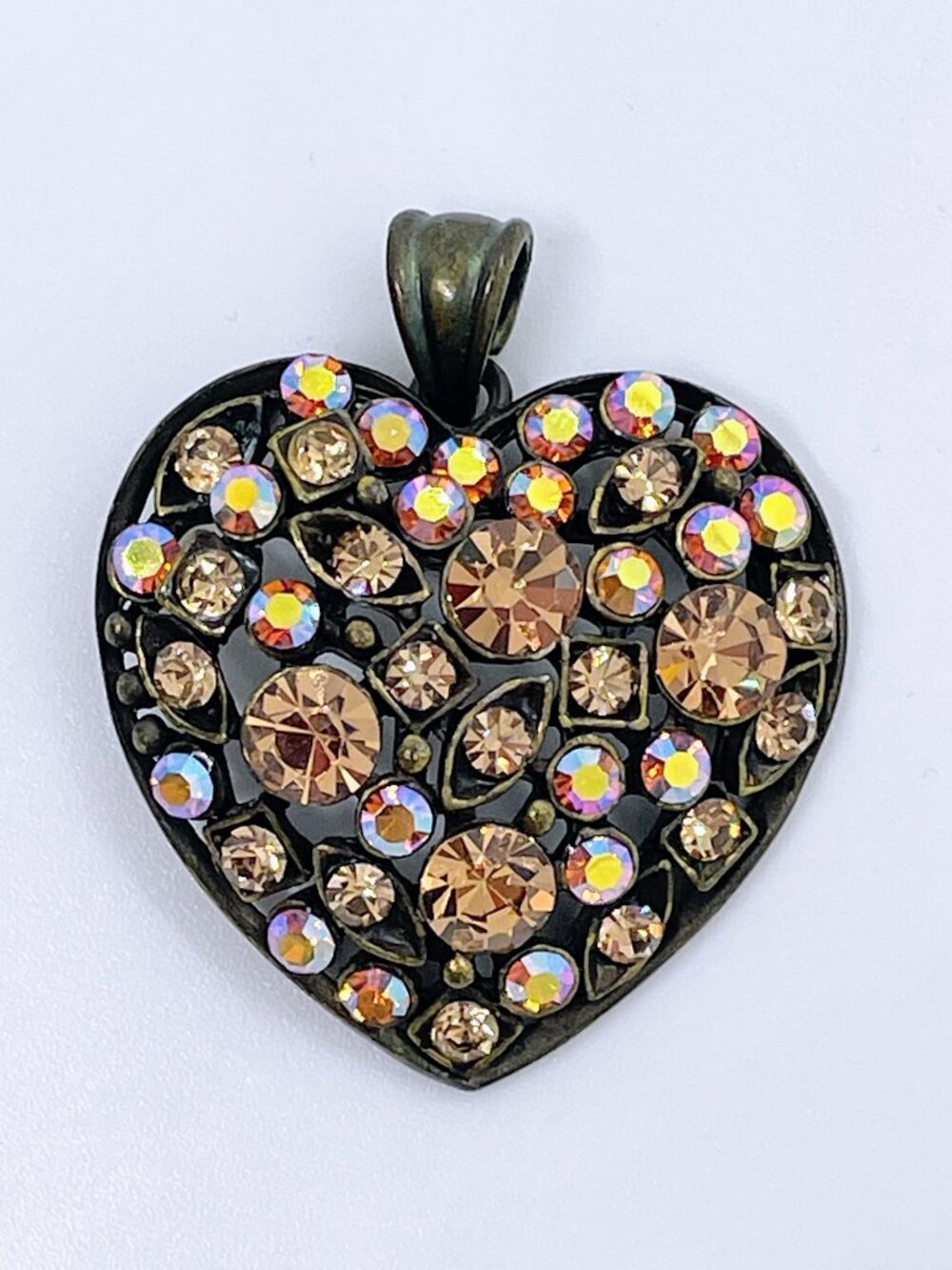 Bright sparkling Champagne Heart 3D Pendant in Antiqued Brass AB Rhinestones